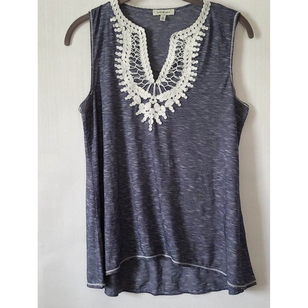 Max Studio Stripe Embroidered V Neck Sleeveless Tank Top  Sz S Blue White